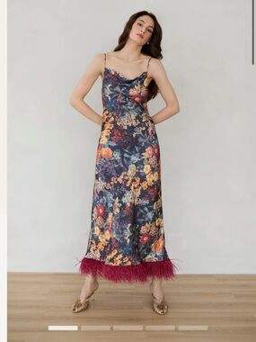 NWT Vasiliki Floral Maxi Slip Dress with Plum Feather Hem - M